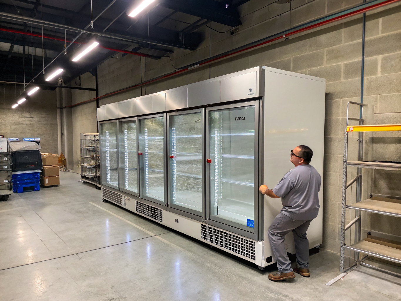 Technician inspecting commercial freezer refrigeration compressor in Duluth