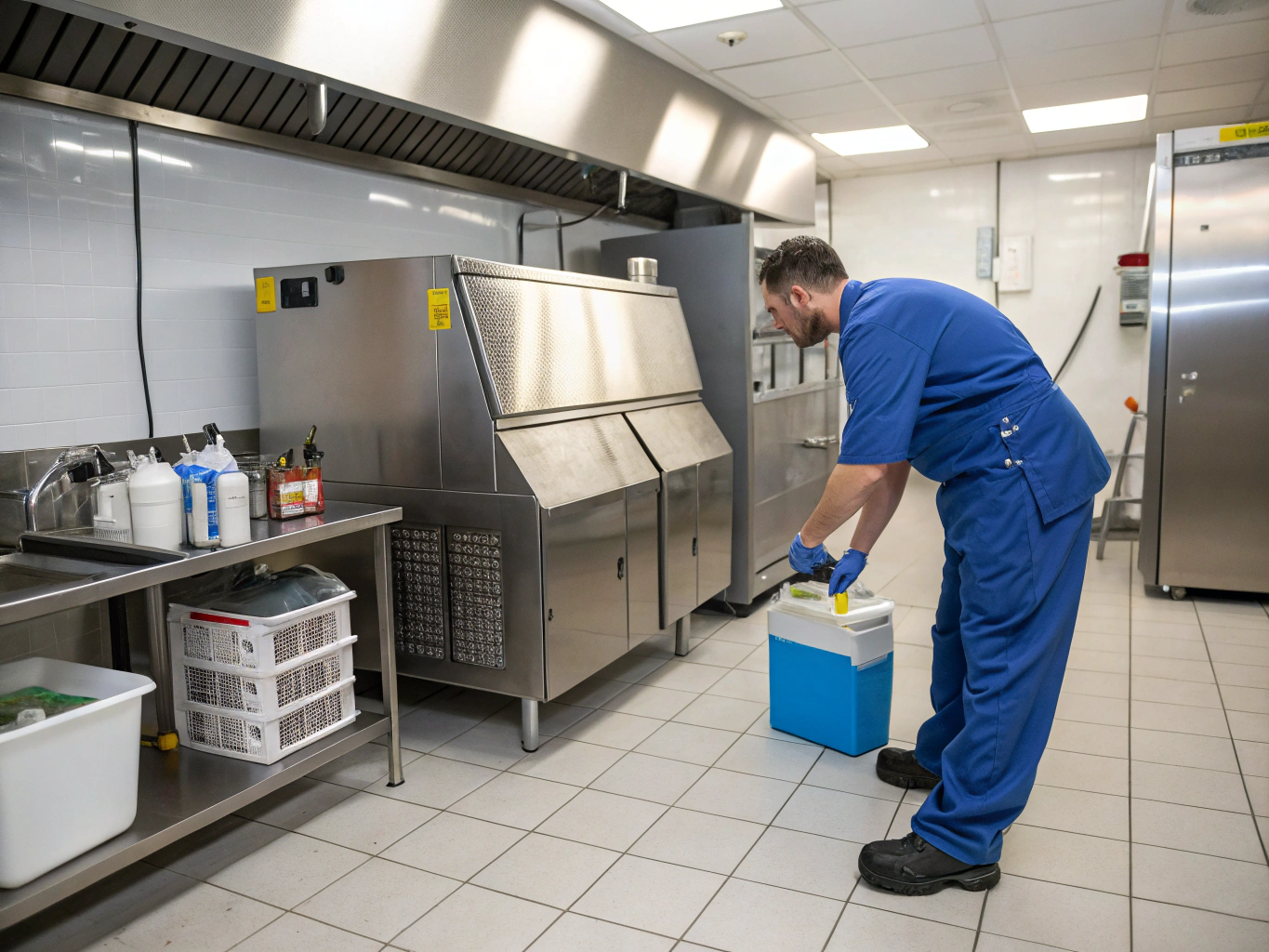 Certified technician cleaning and calibrating commercial ice machine water distribution system