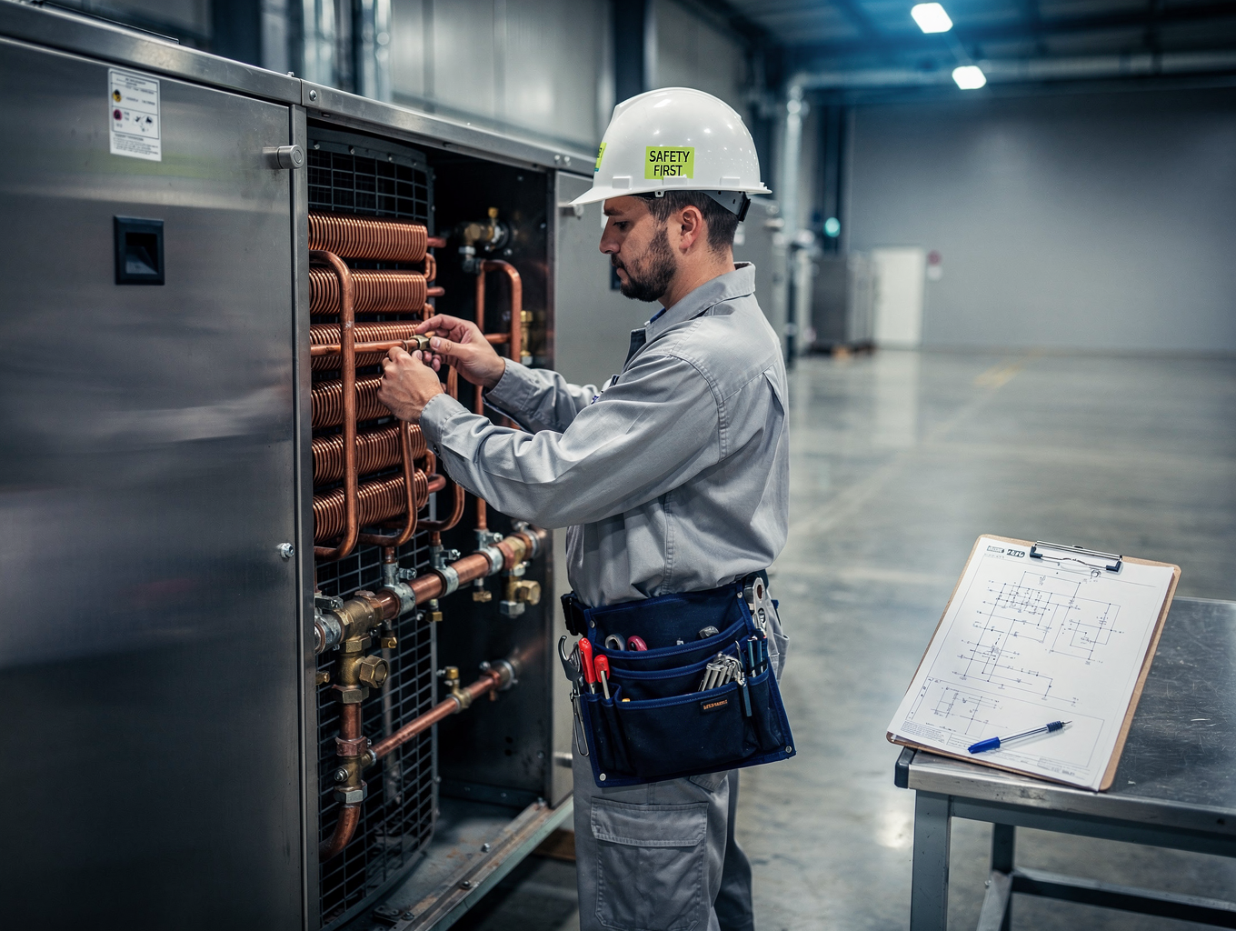 Technician testing walk-in cooler evaporator coils and thermostat in Duluth commercial kitchen