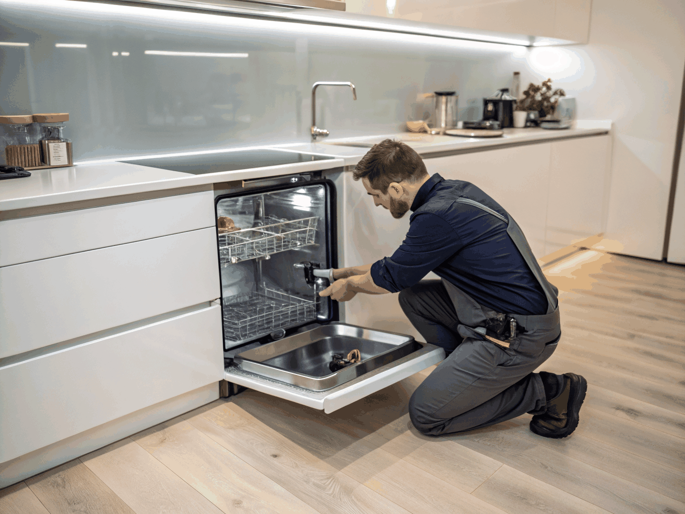 Appliance technician performing annual dishwasher maintenance and filter inspection in Duluth GA