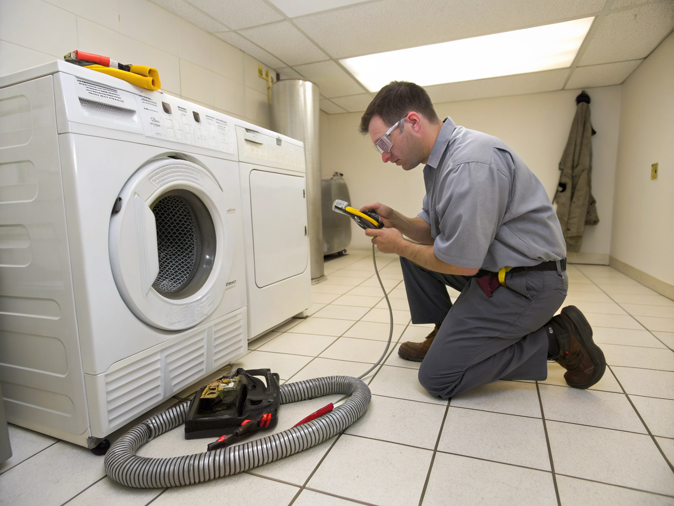 Professional technician inspecting residential dryer vent line and airflow duct