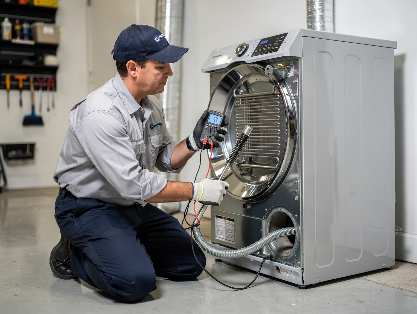 Technician performing routine preventative care check on a residential clothes dryer