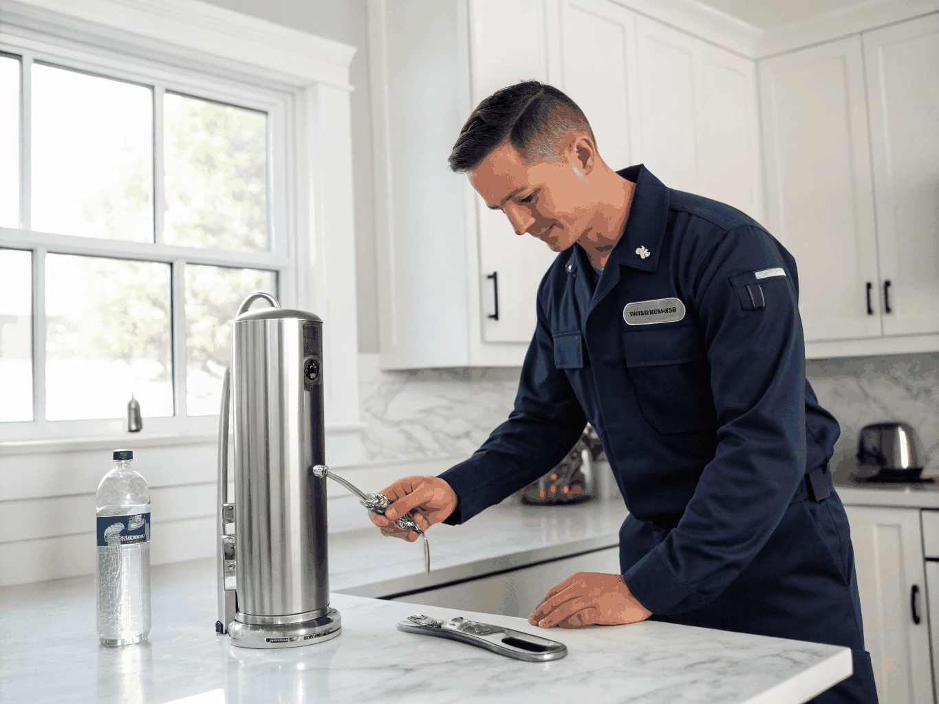 Technician performing deep descaling and maintenance on a premium ice maker