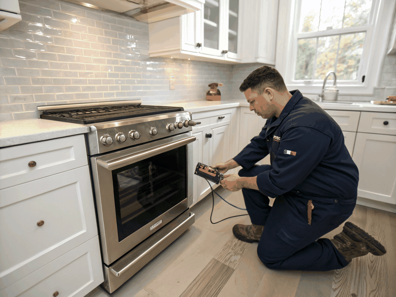 Duluth Appliance Repair technician inspecting and calibrating a kitchen oven