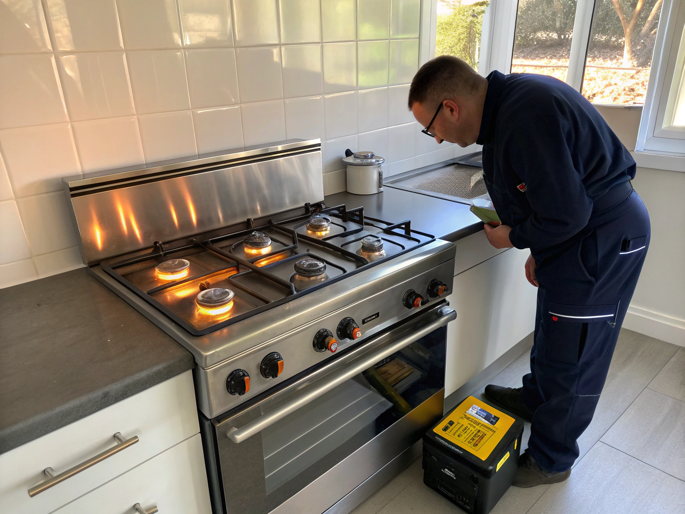 Technician performing monthly safety check on a gas and electric stove range in Duluth GA