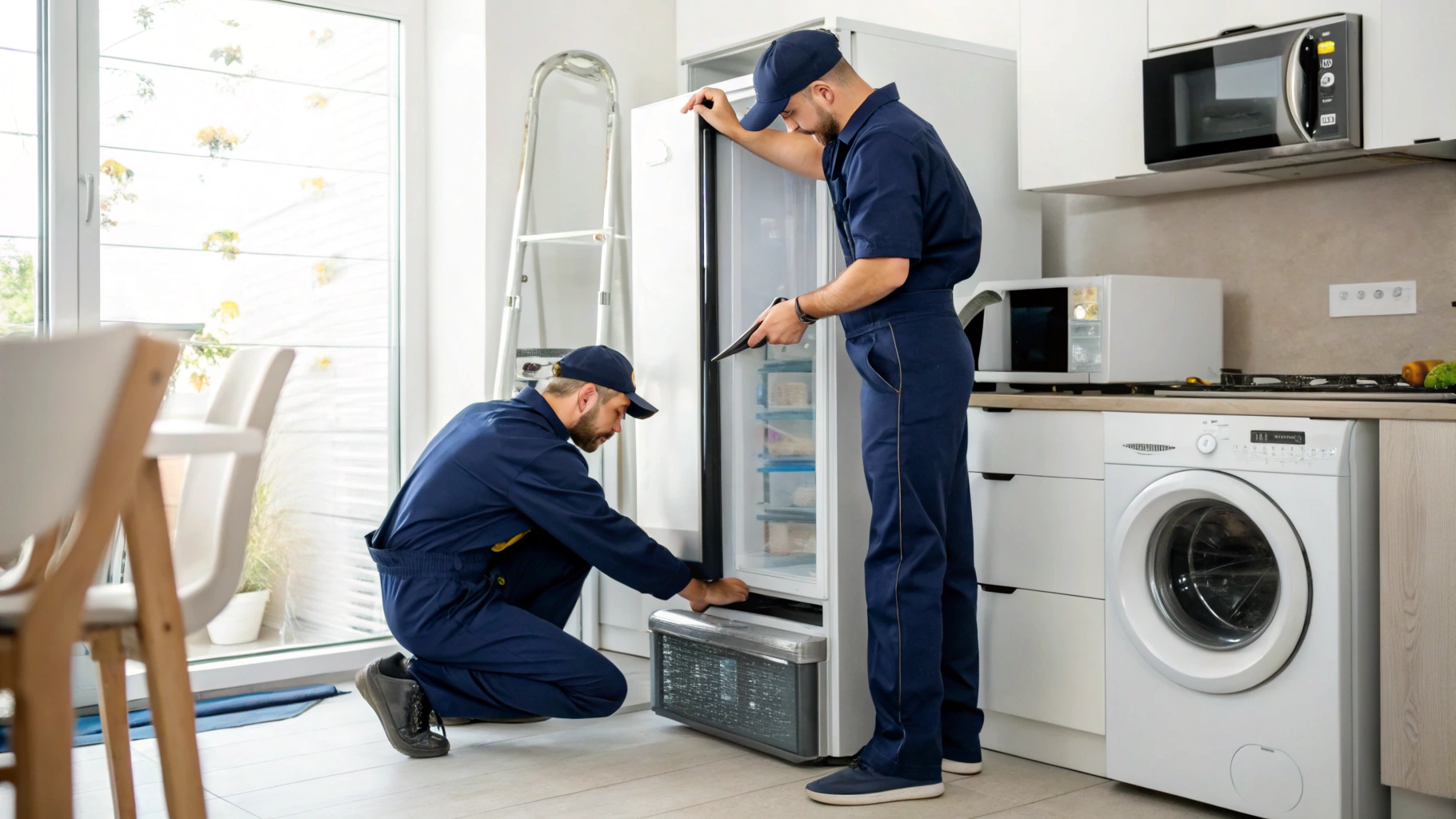 Technician inspecting stainless steel French-door refrigerator in modern kitchen