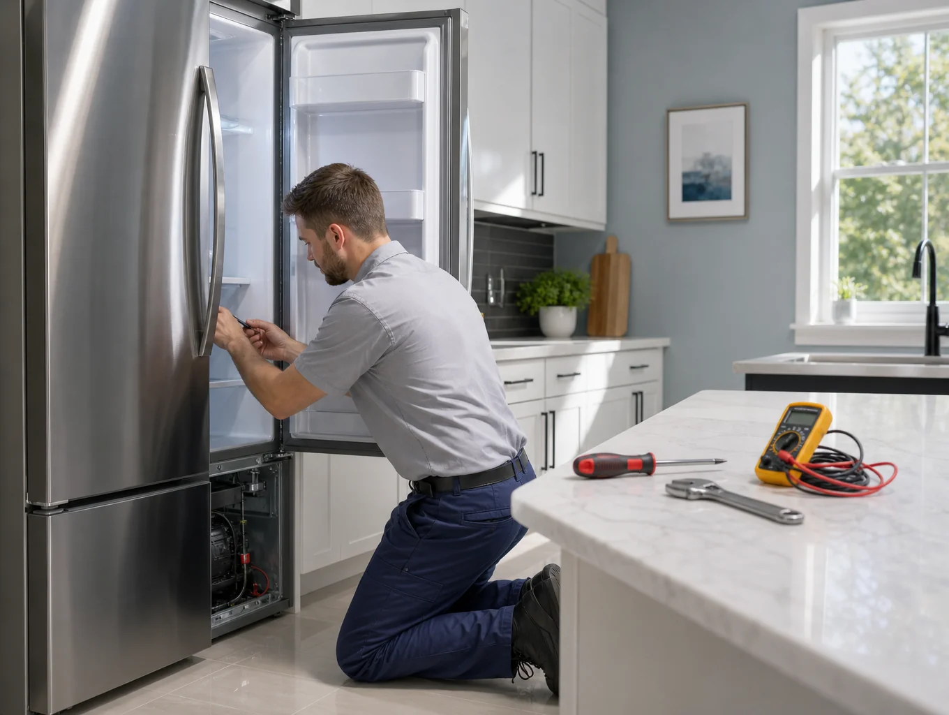 Certified technician performing diagnostic tune up on residential refrigerator