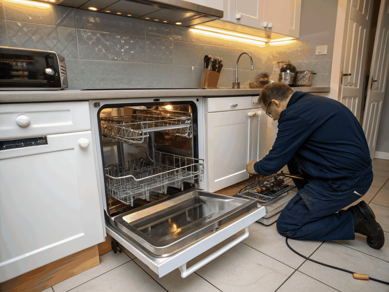 Built-in kitchen dishwasher with spray arm and water drainage service